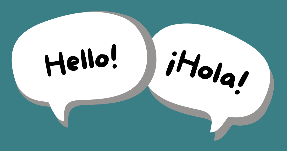 Speech bubbles that read "hola!" and "hello!"